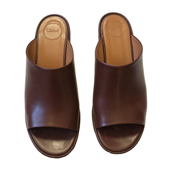 Chloe Oil Leather Cork Mule Platform Sandals Womens 41 Brown Gold Leather Slides - Picture 6 of 12